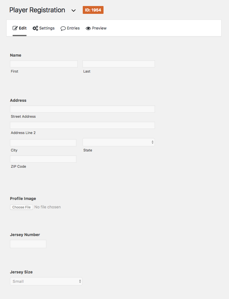 Player Registration Form Editor Screenshot