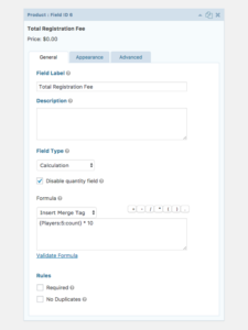 Team Registration Fee Form Editor Field Settings