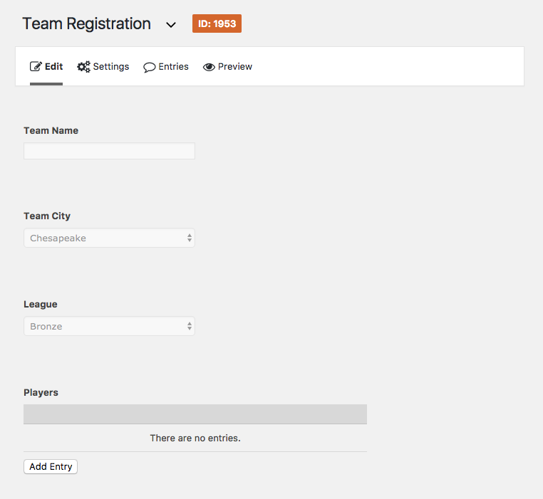 Team Registration Form Editor Screenshot