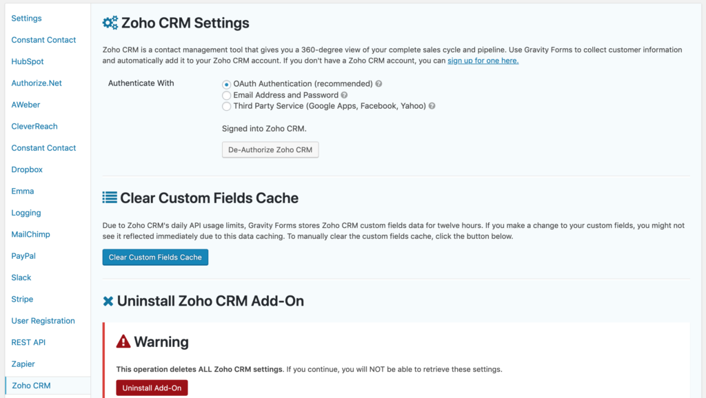 Zoho CRM AddOn 1.7 Update Gravity Forms