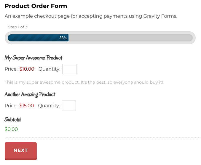 A product check-out form.