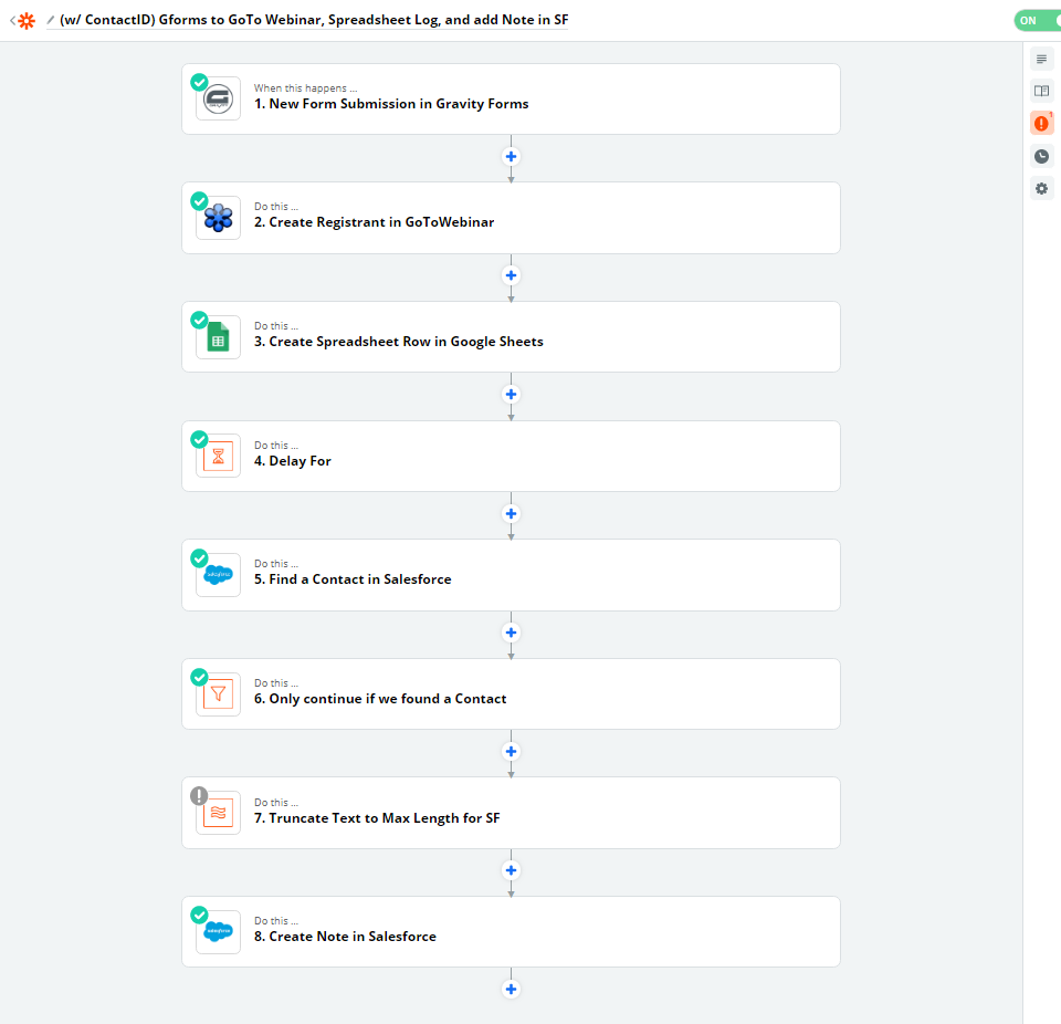 _w ContactID Gforms to GoTo Webinar Spreadsheet Log and add Note in SF Zapier