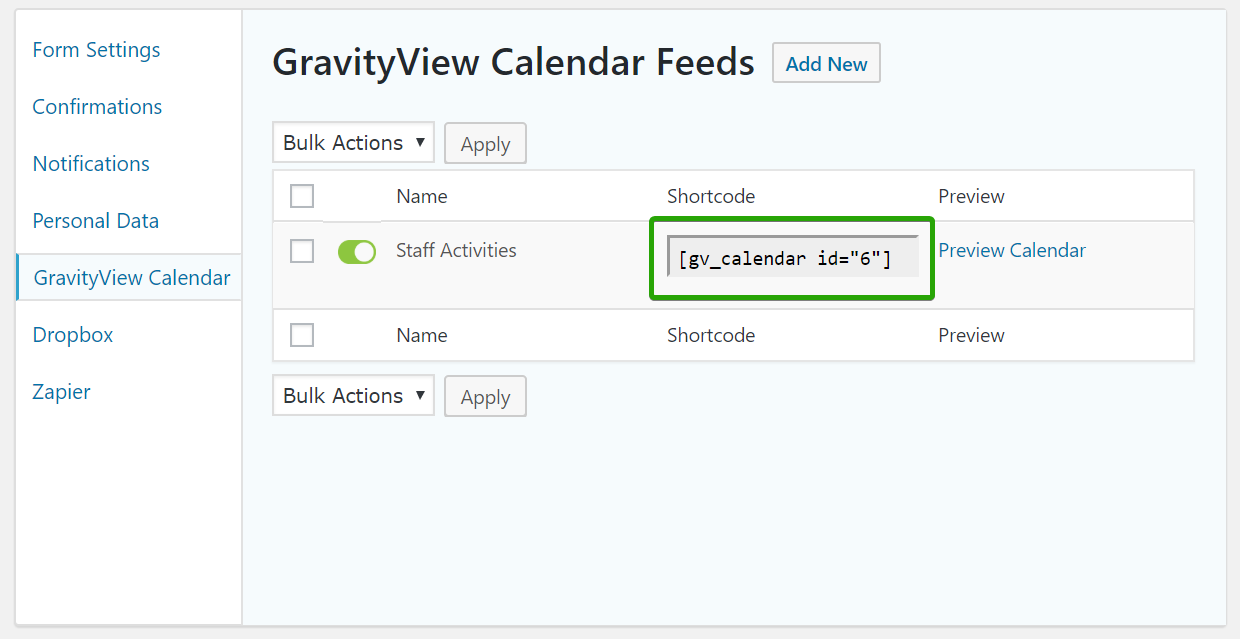 Screenshot GravityView Calendar Feeds Shortcode column