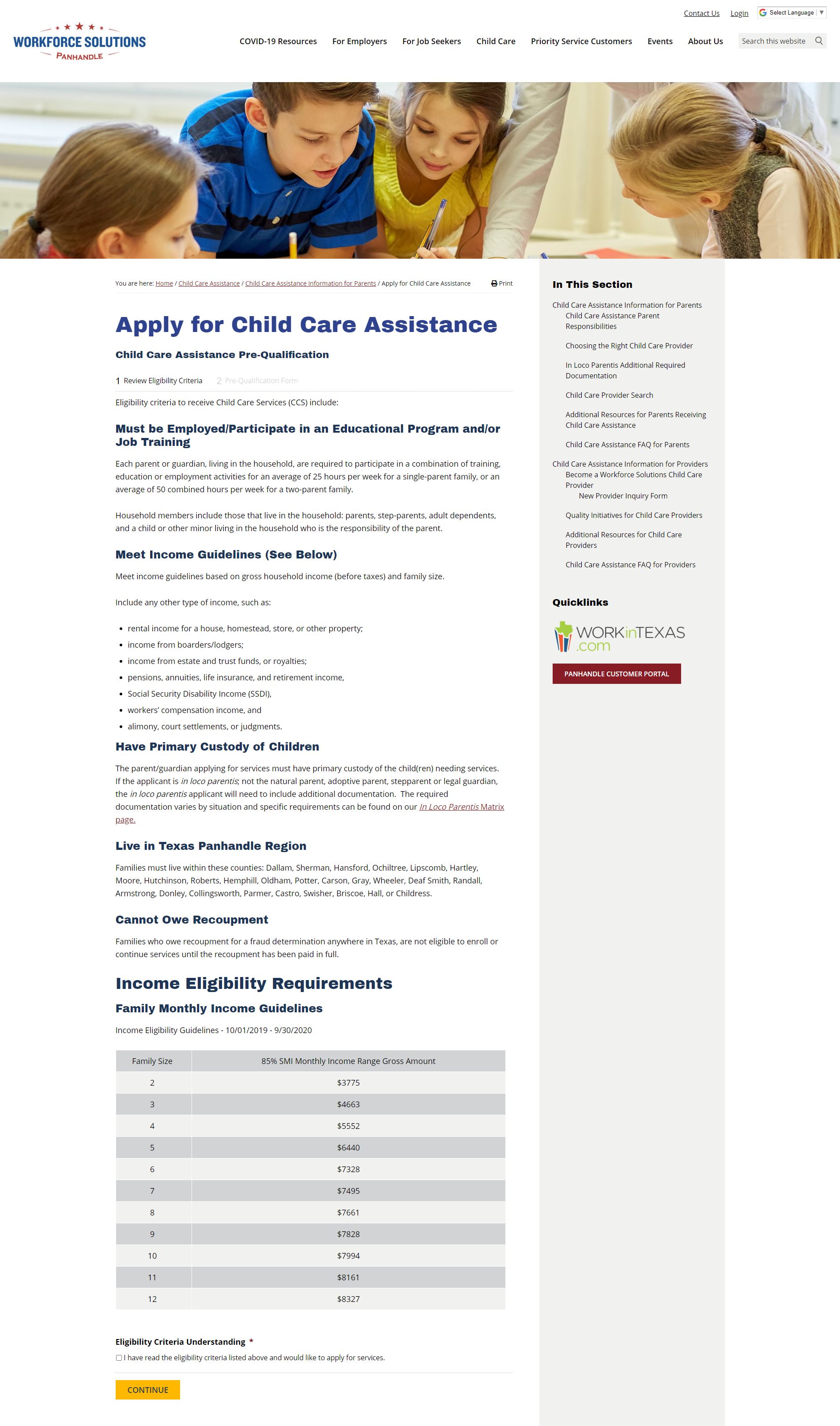 Workforce Solutions Child Care Prequalification Form - front end page 1