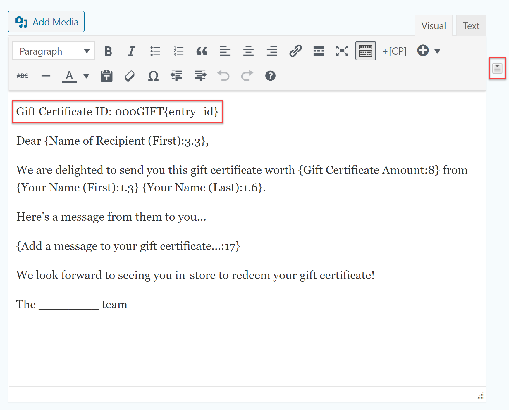 Gift Certificate Entry ID
