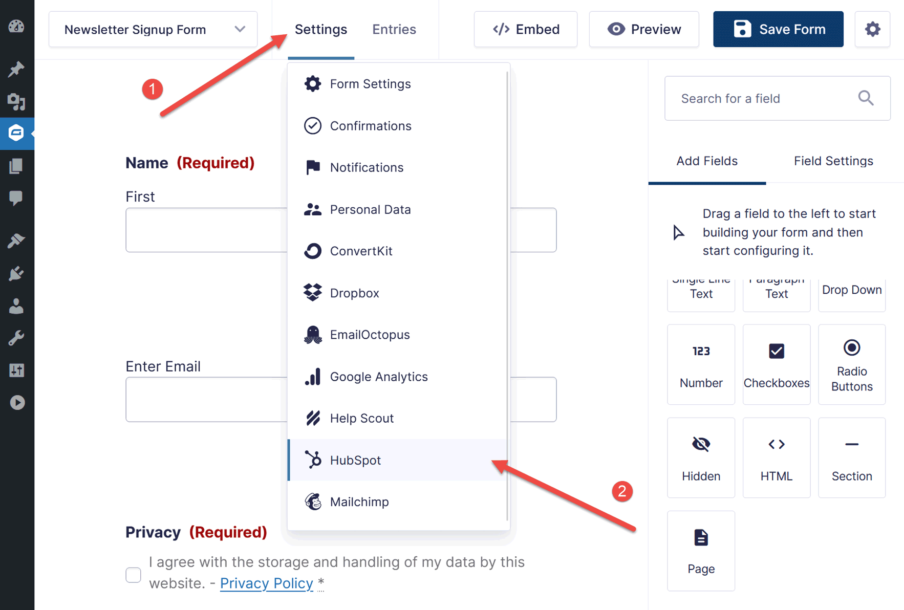 Form Settings Menu