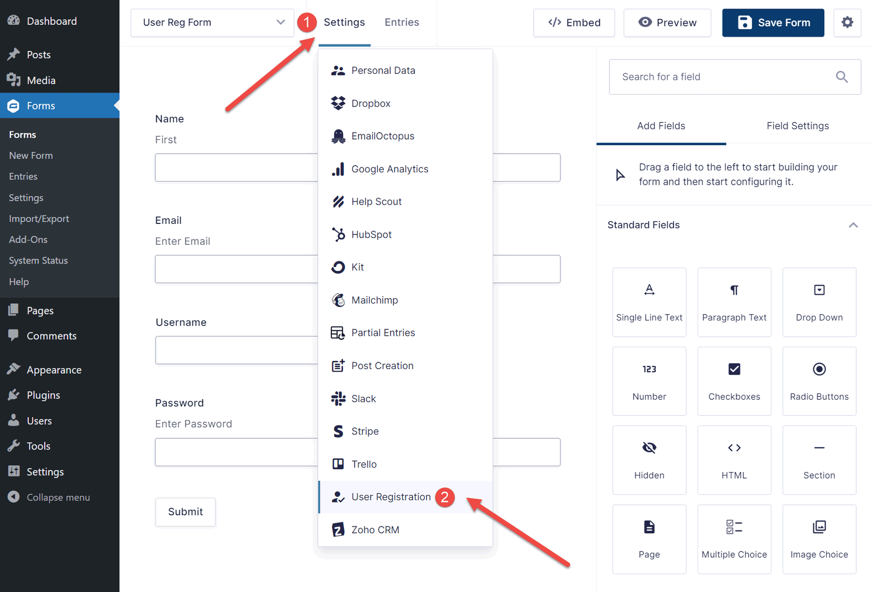 Form Settings Menu