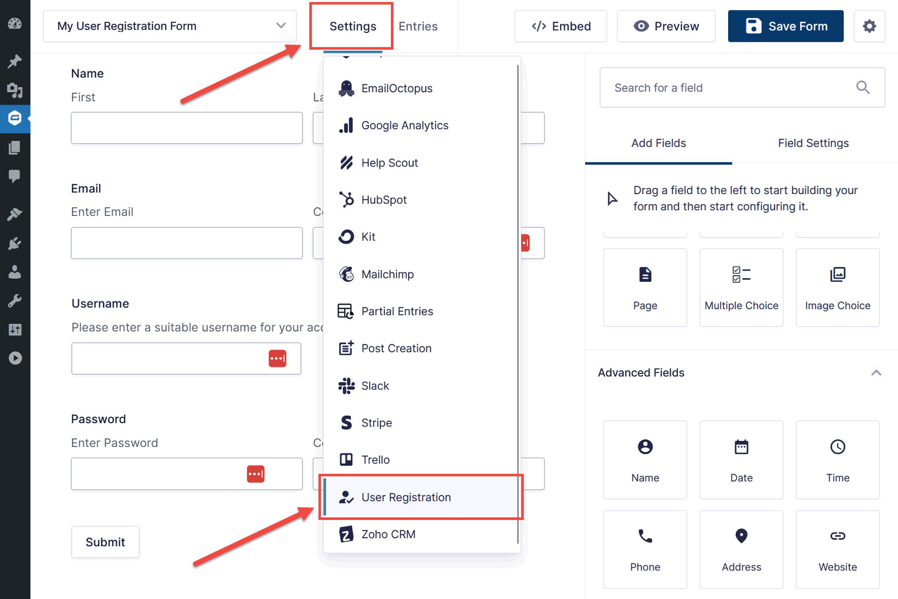 Form Settings Menu