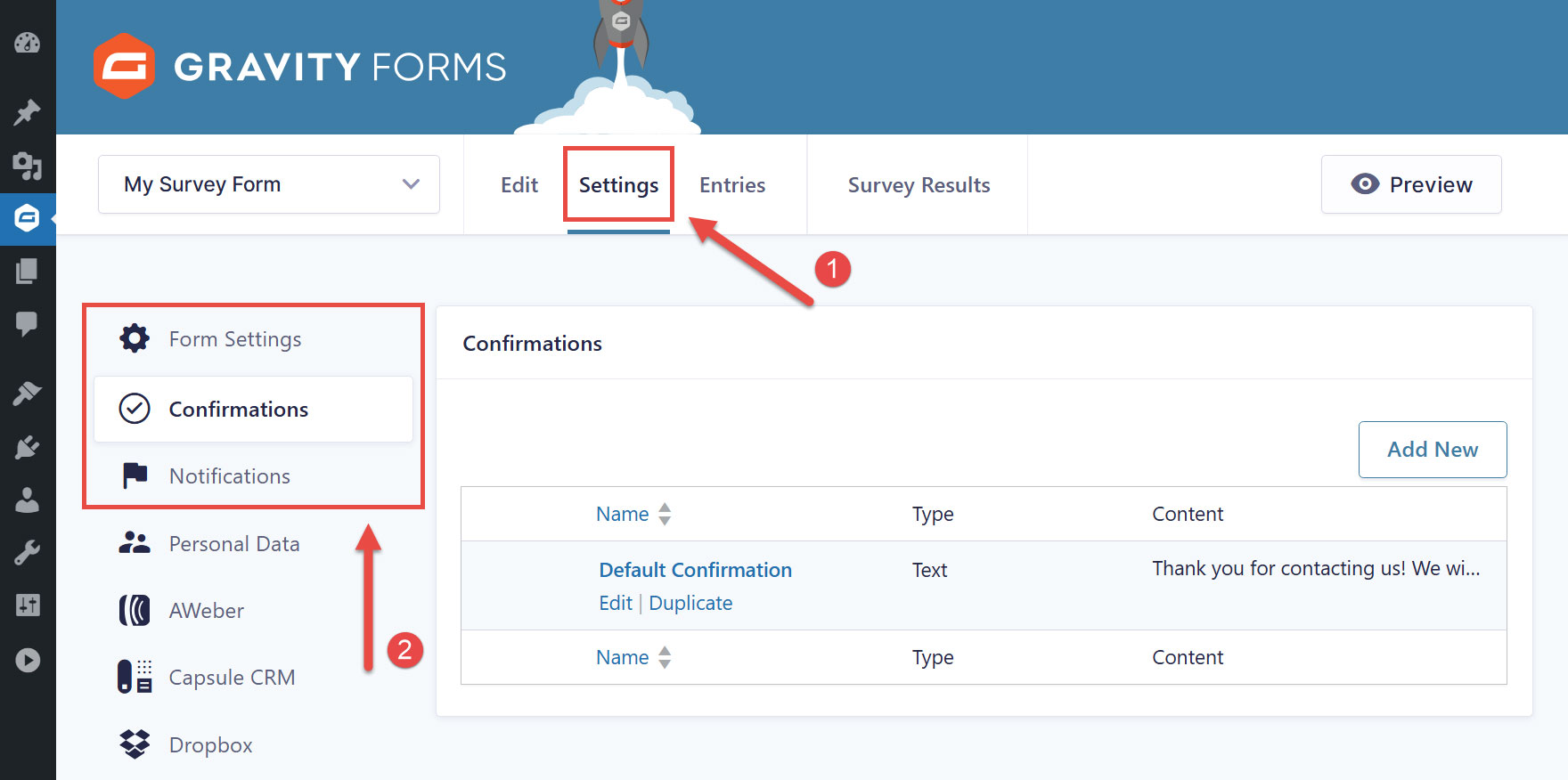 Form Confirmation Settings 