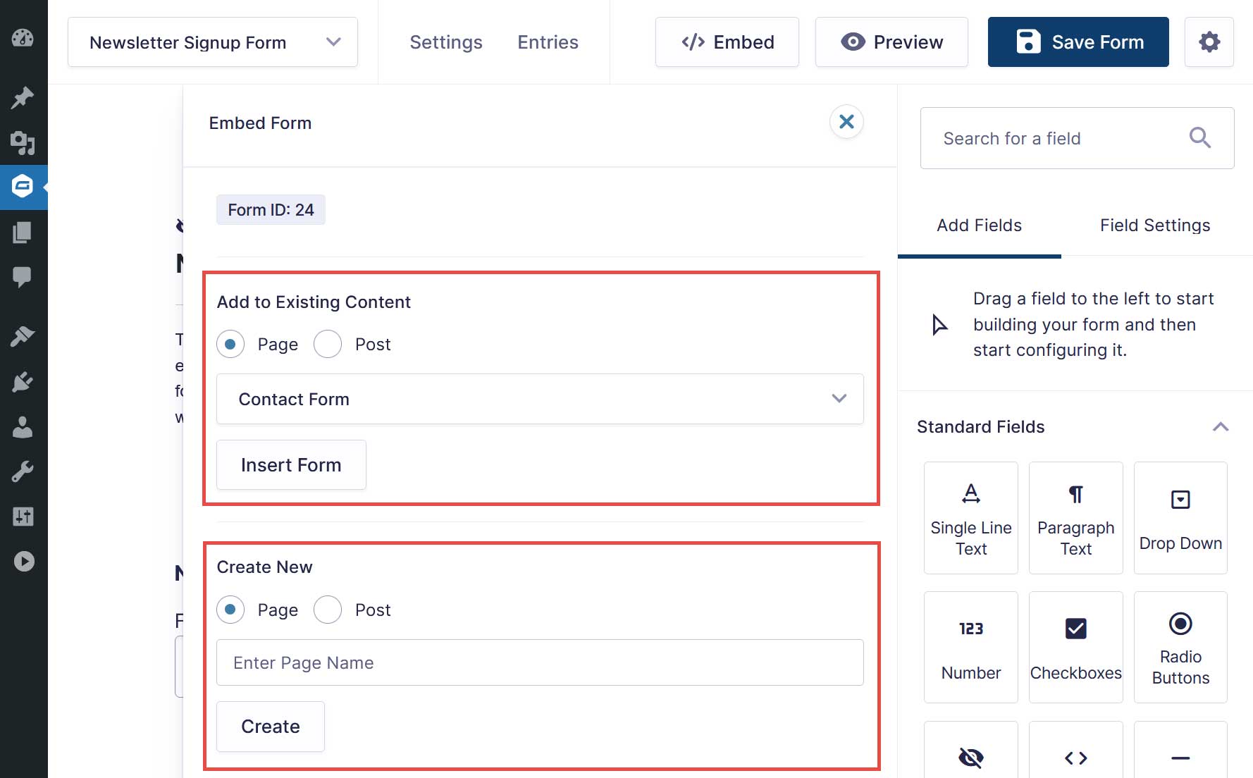 Embed Form Options 