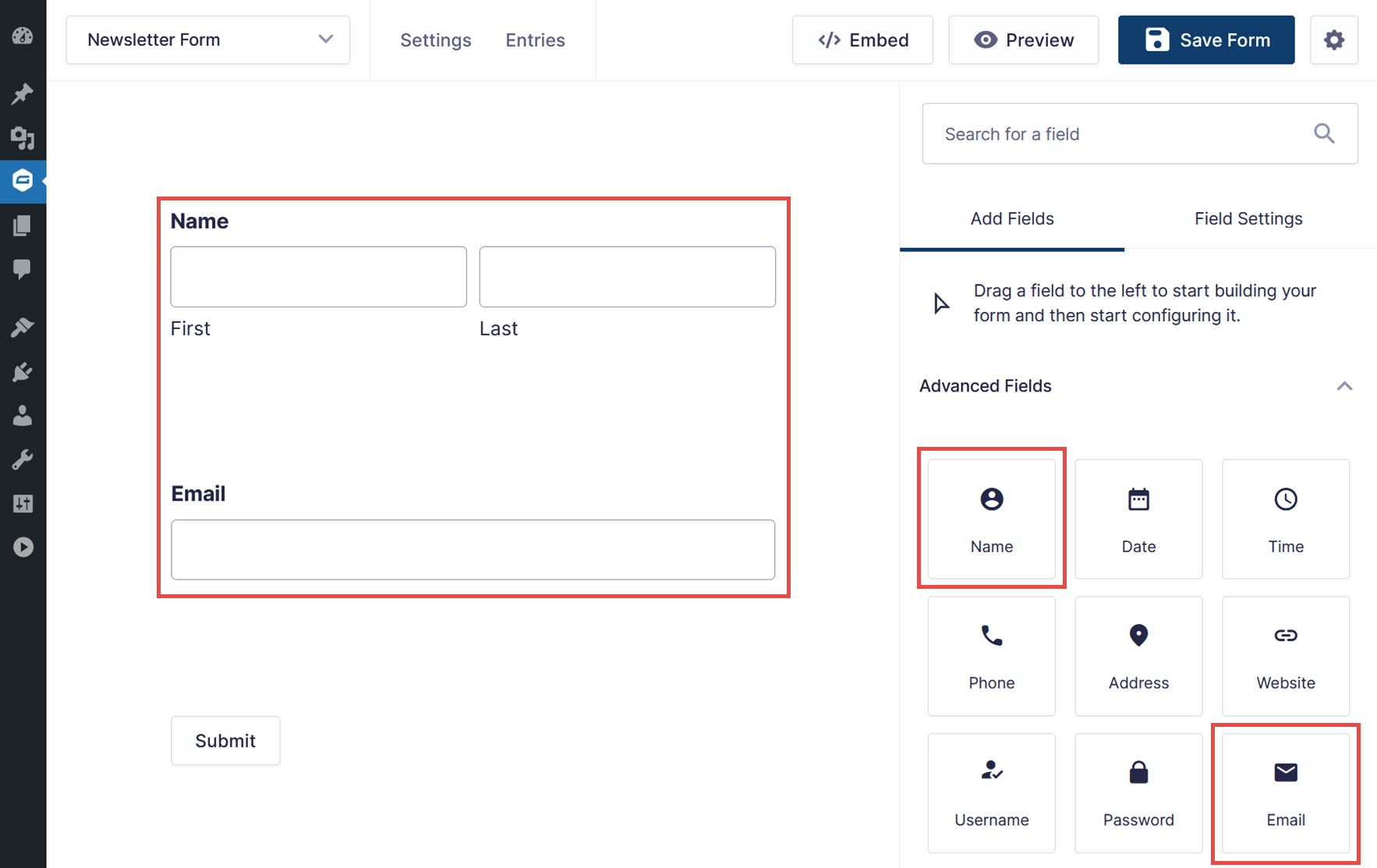 Name and Email Form Fields