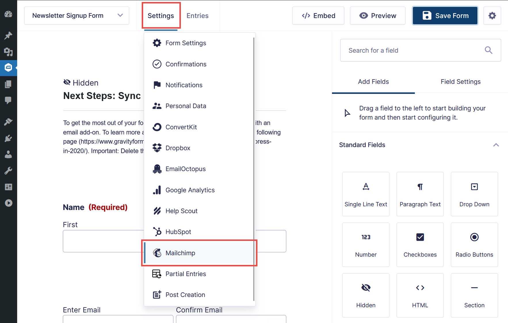 Mailchimp Settings Menu