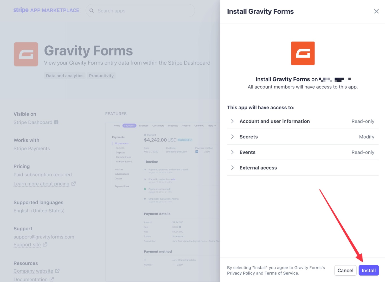 Continue installing the Gravity Forms Stripe app