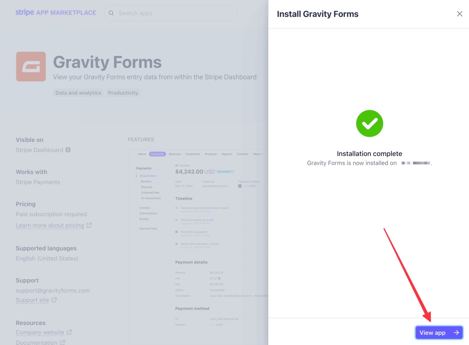 Gravity Forms Stripe app successfully installed