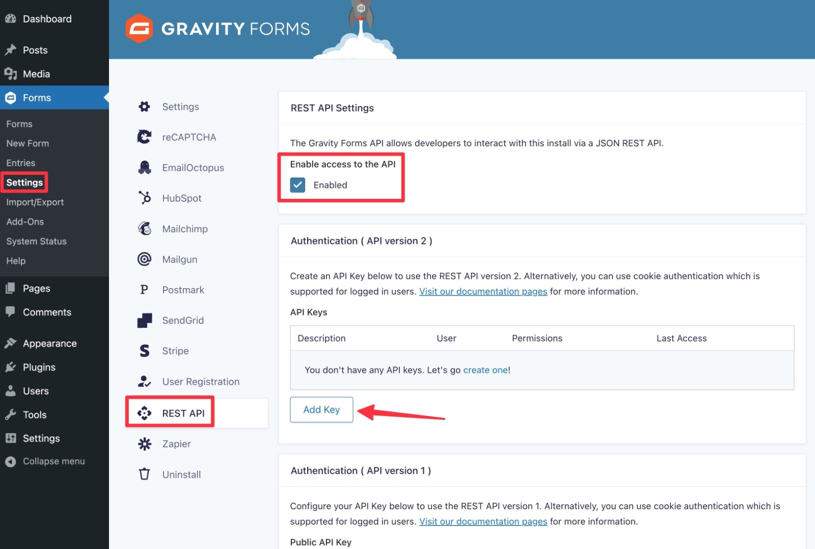 How to create Gravity Forms API key