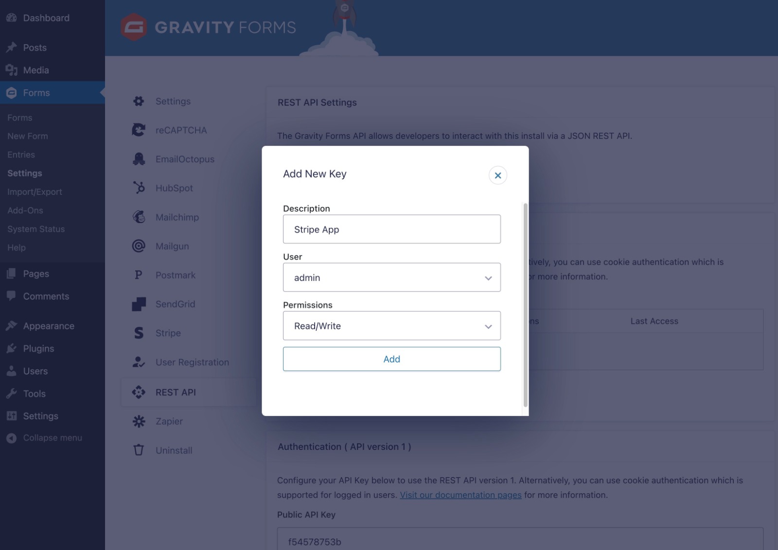 Configuring the Gravity Forms API key for the Stripe app
