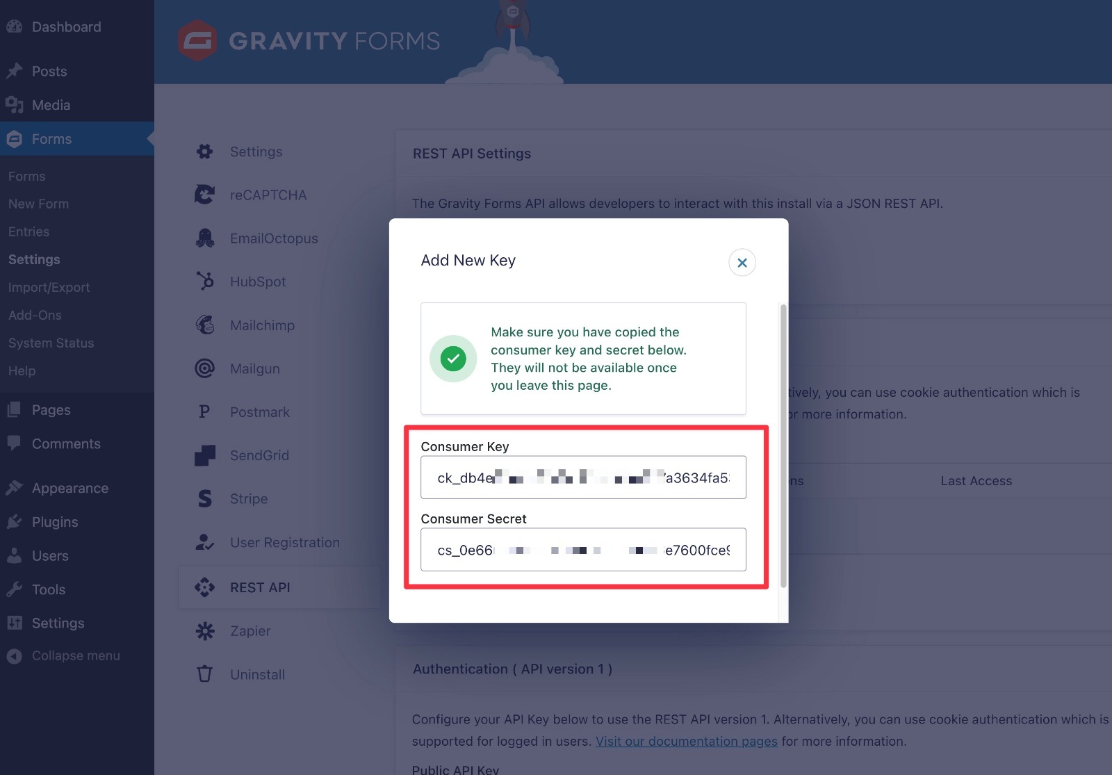 The Gravity Forms API keys that you need for Stripe