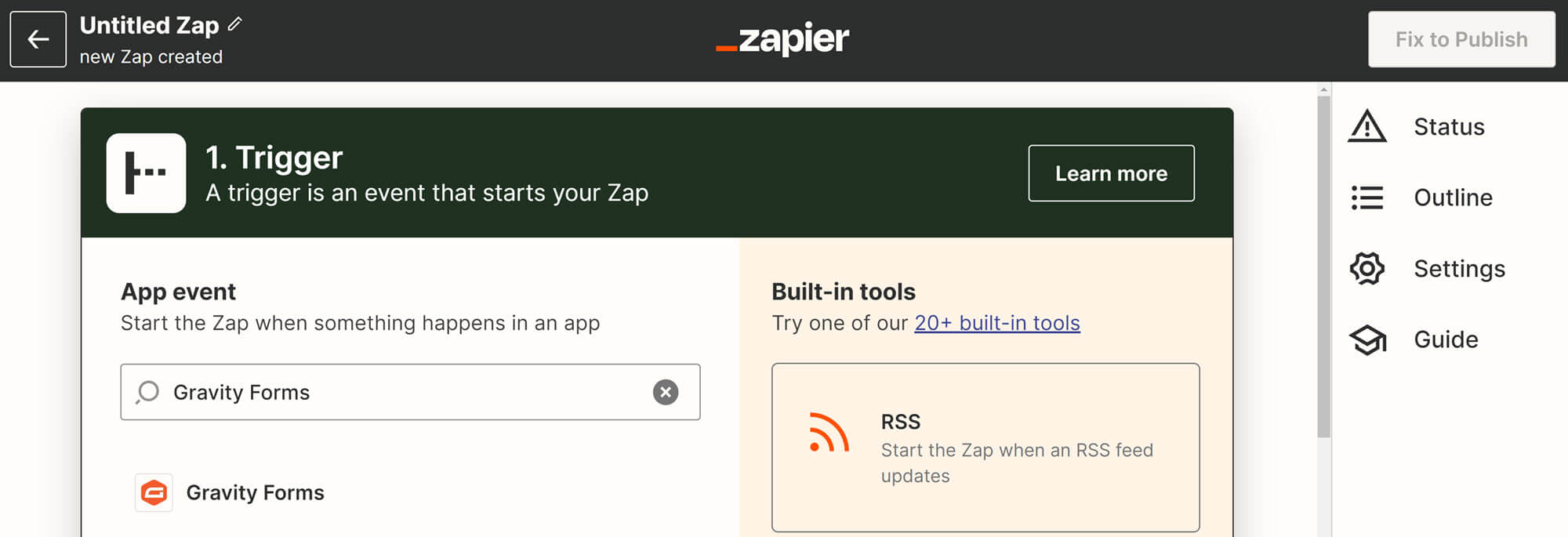 Zap editor with the search query "Gravity Forms"