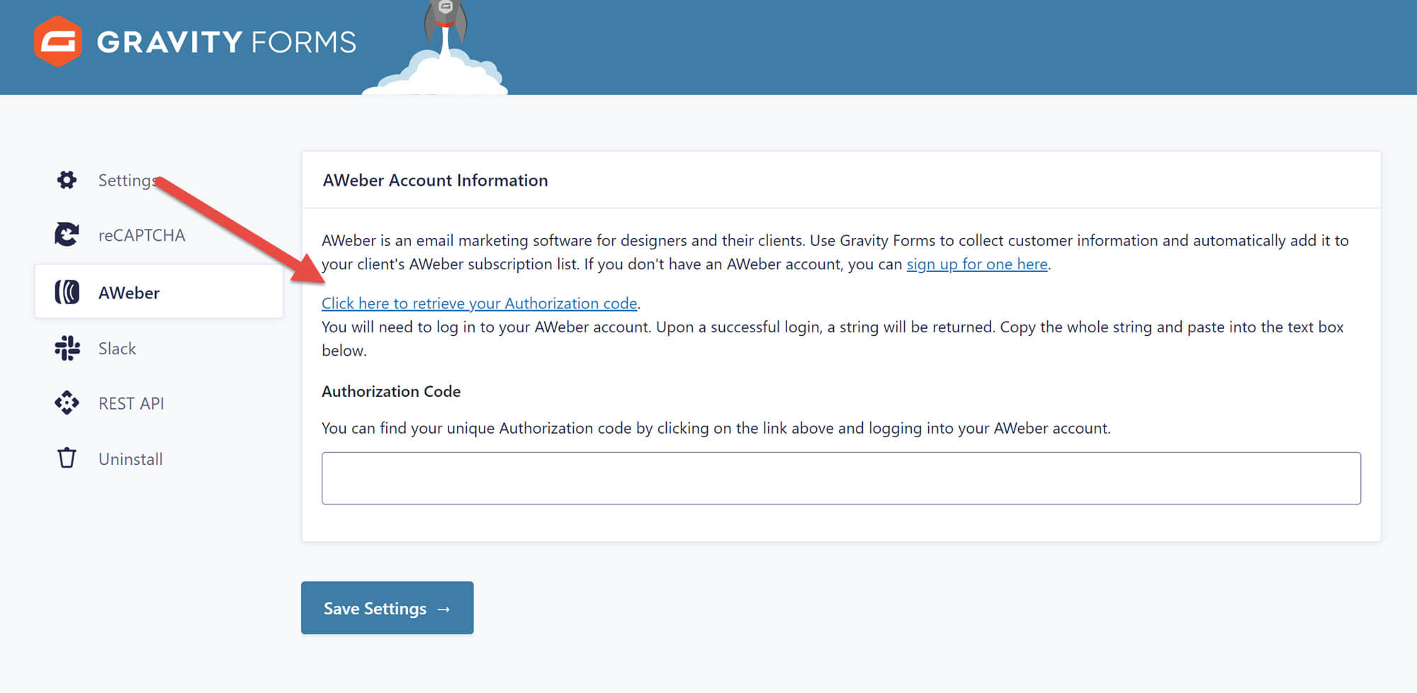 Gravity Forms AWeber add-on settings area with an arrow pointing to the Authorization Code link