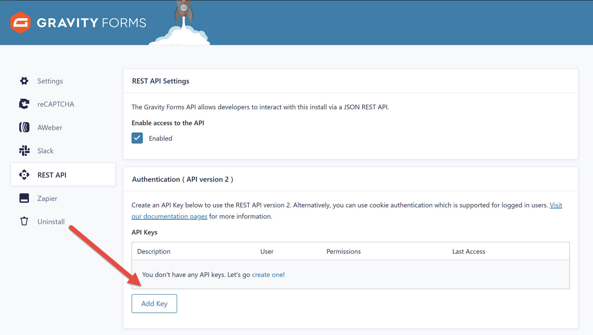 Rest API area with API access enabled and an arrow pointing to "Add Key"