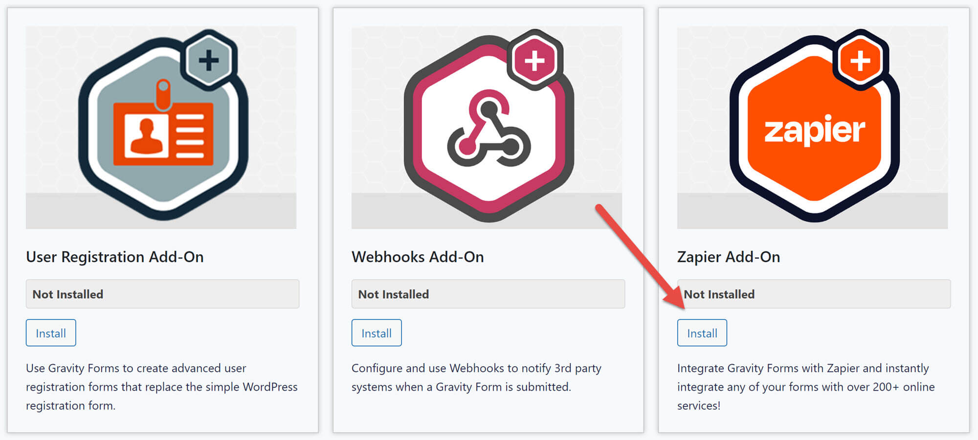 Add-ons area with an arrow pointed at the "Install" button for the Gravity Forms Zapier Add-On