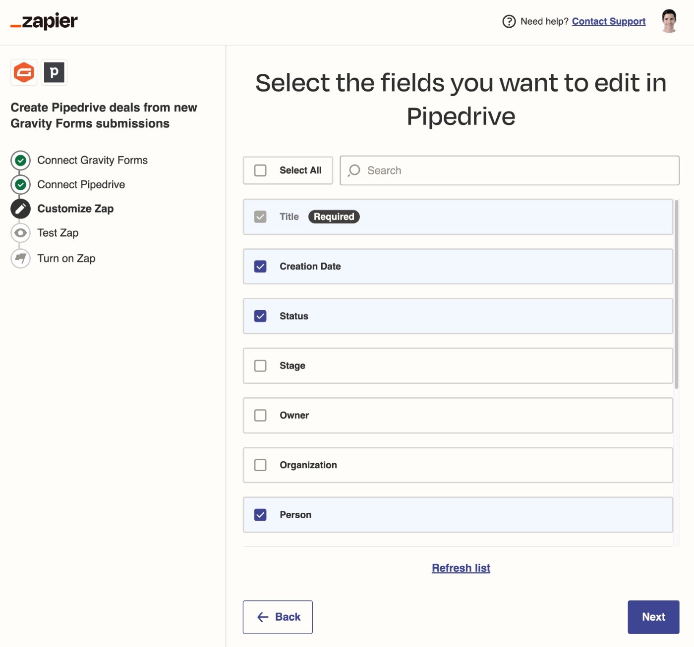 Edit fields to send to Pipedrive