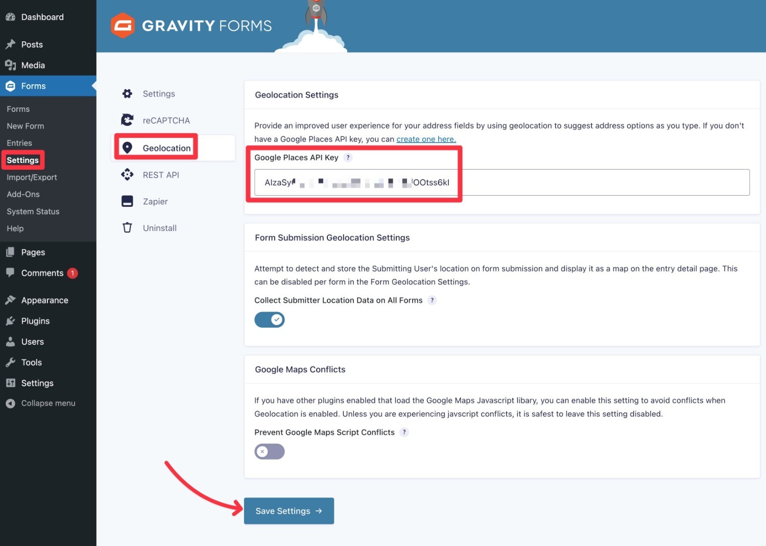 Add API key to Gravity Forms