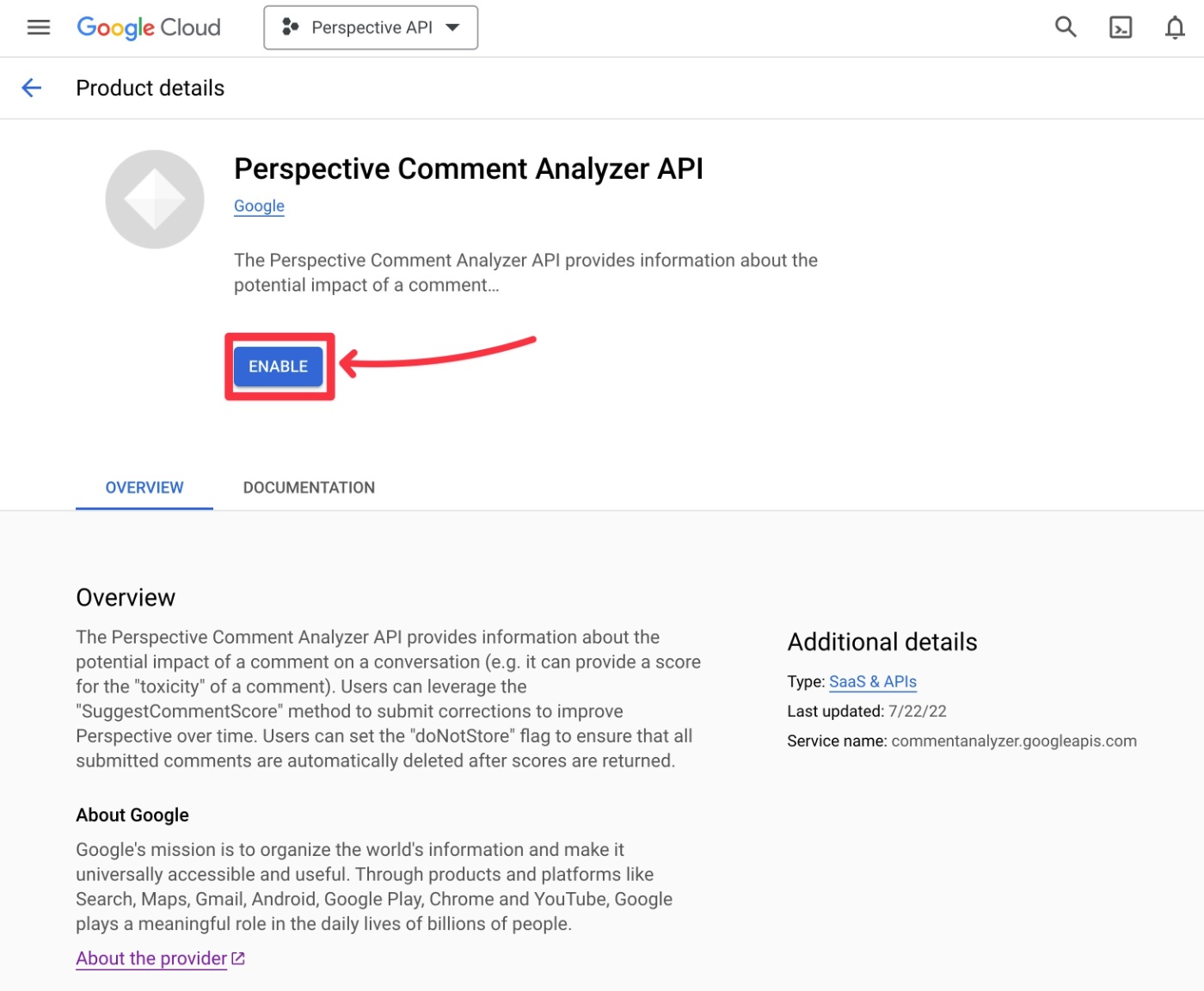 Enable the Perspective API in Google Cloud