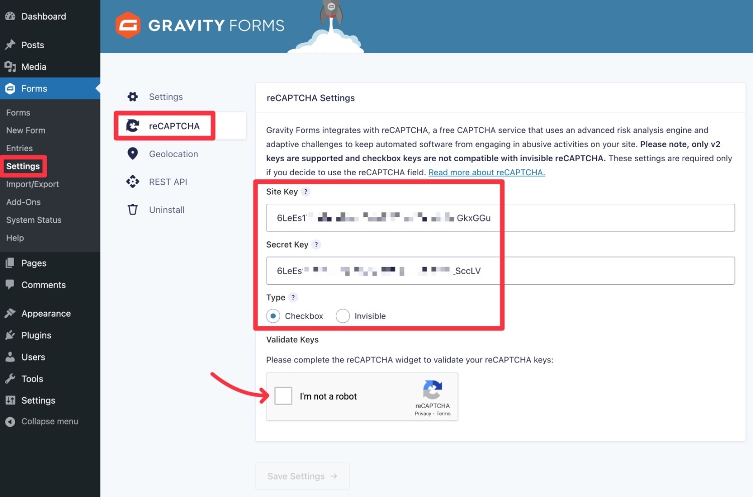 Add API keys to Gravity Forms
