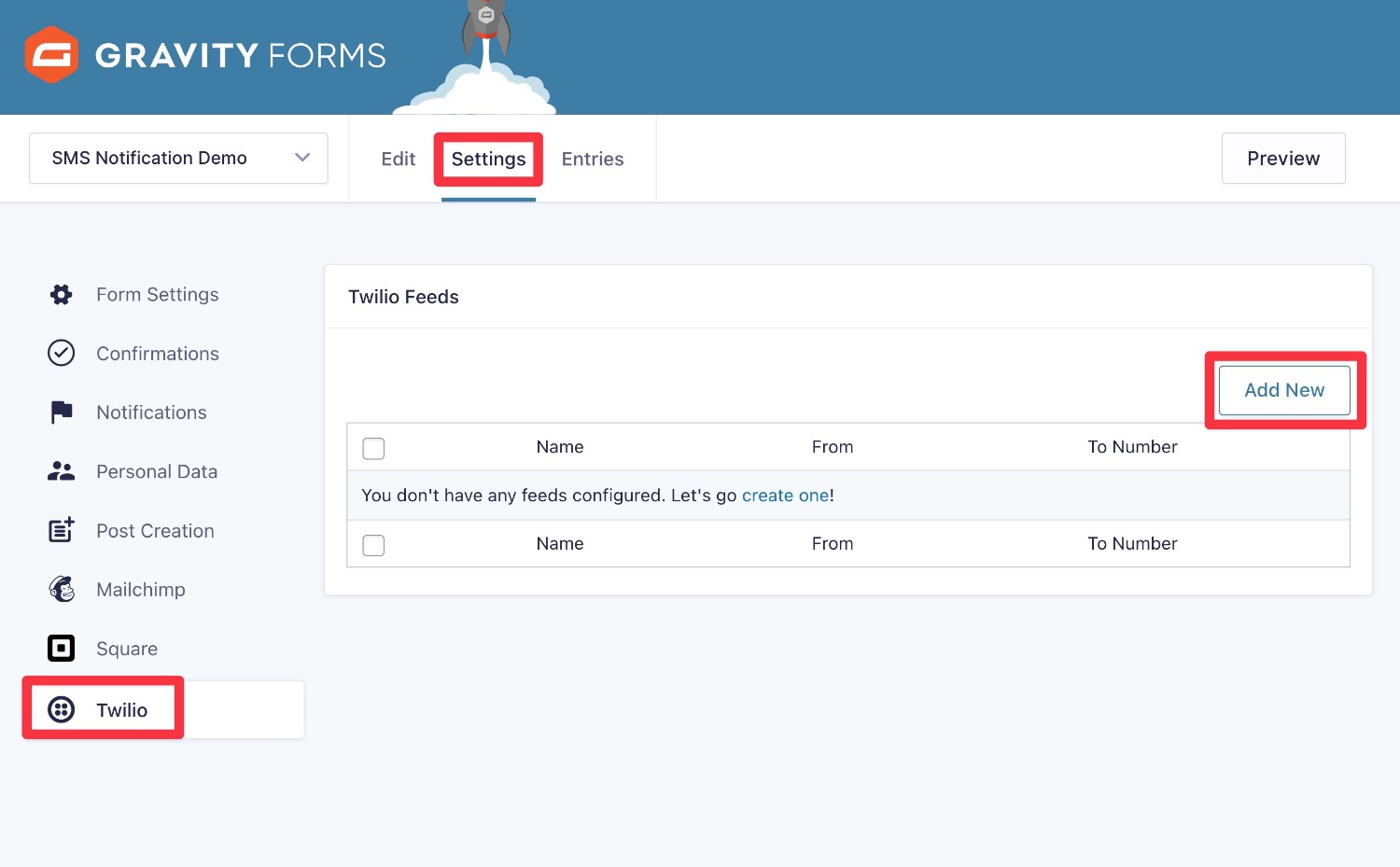 Create a new Gravity Forms TWilio feed