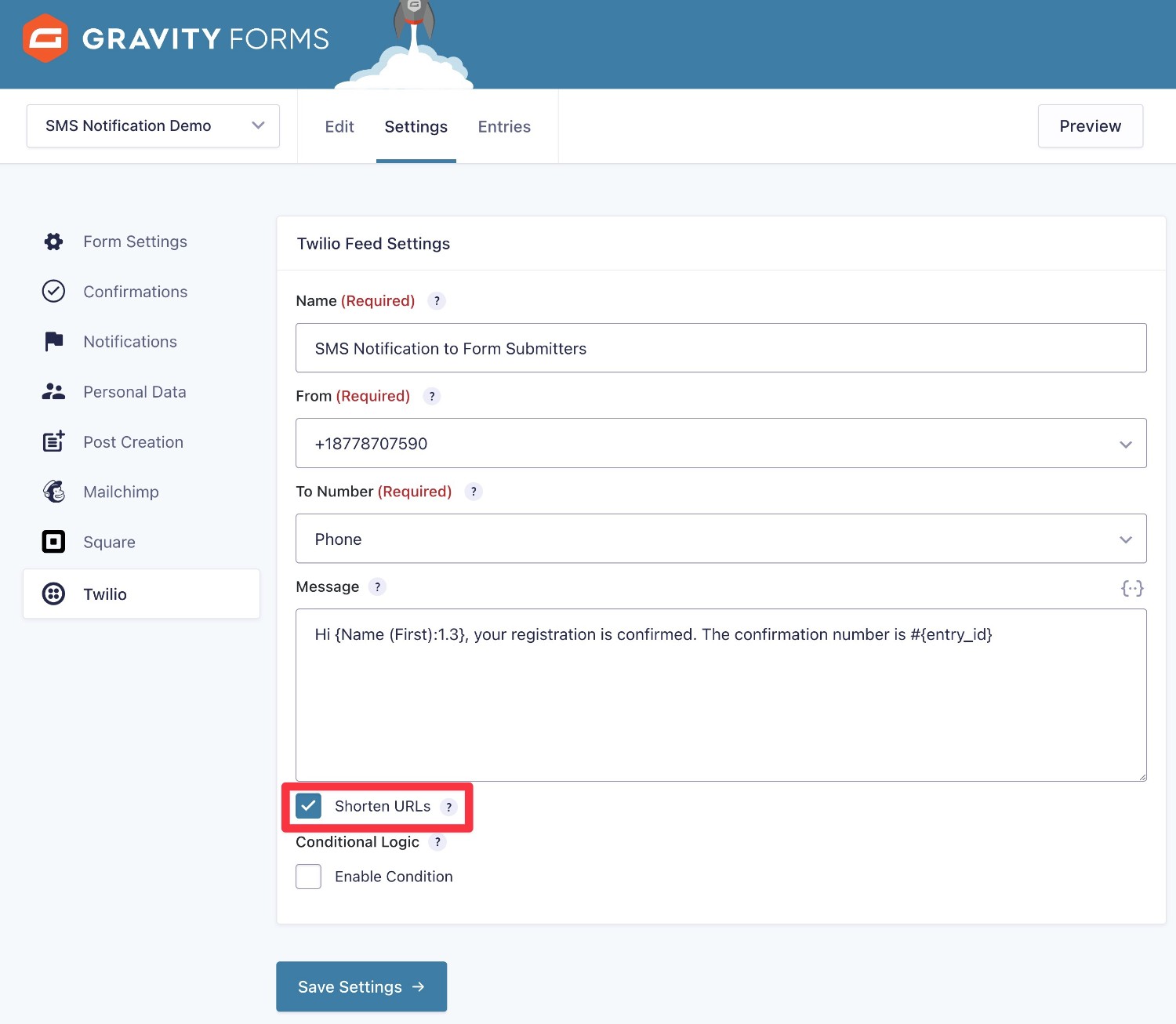 Enable URL shortening in Gravity Forms SMS notifications