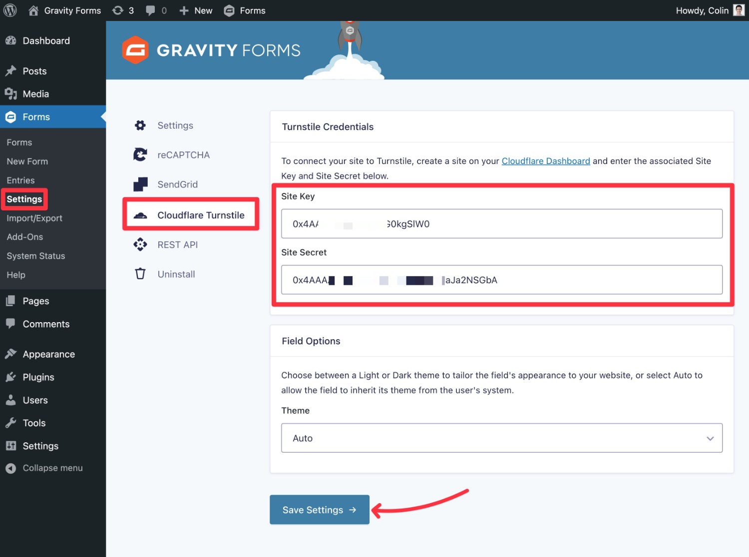 Add Cloudflare Turnstile Site Keys to Gravity Forms