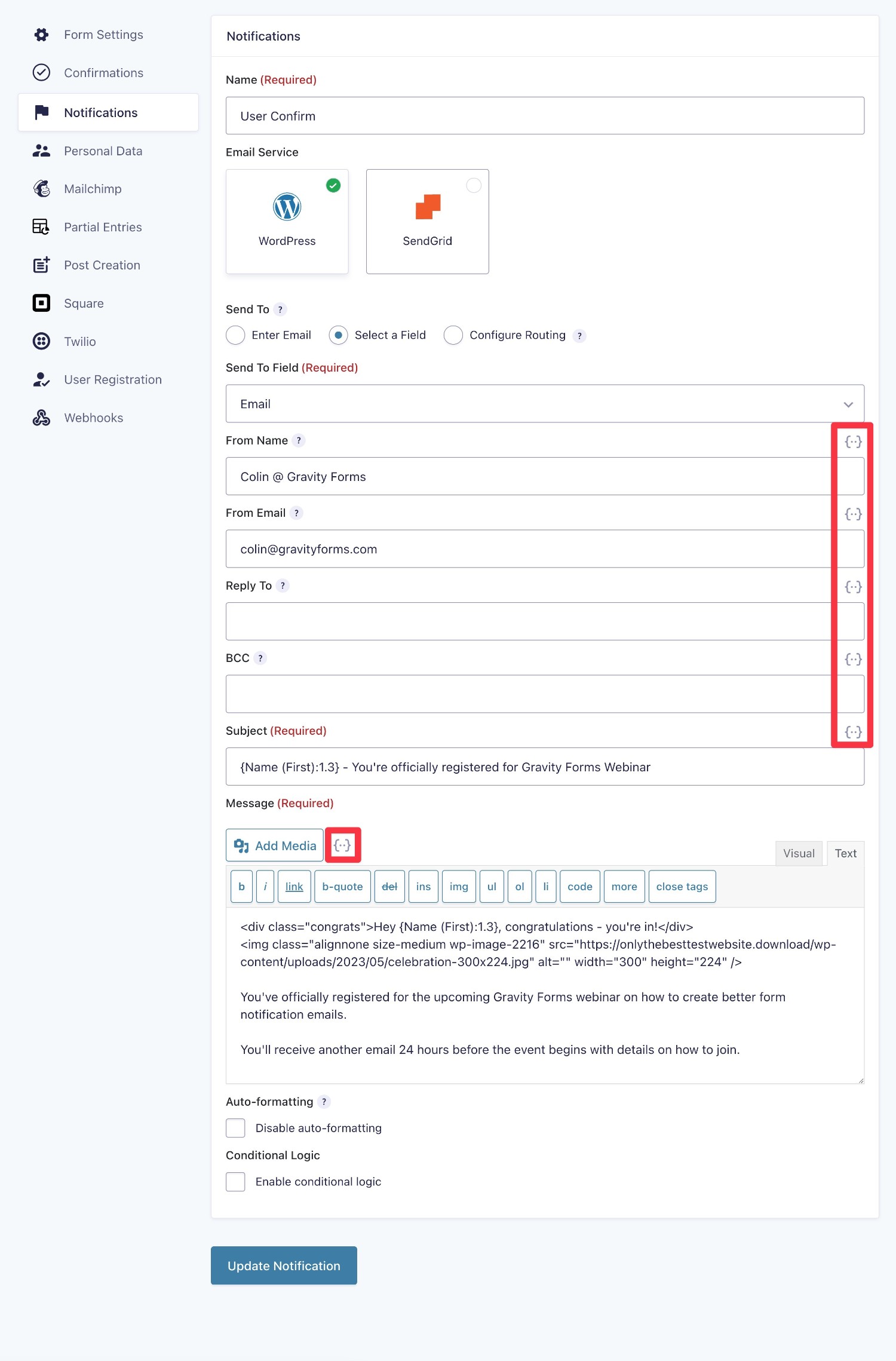 How to customize the content of your form notification email
