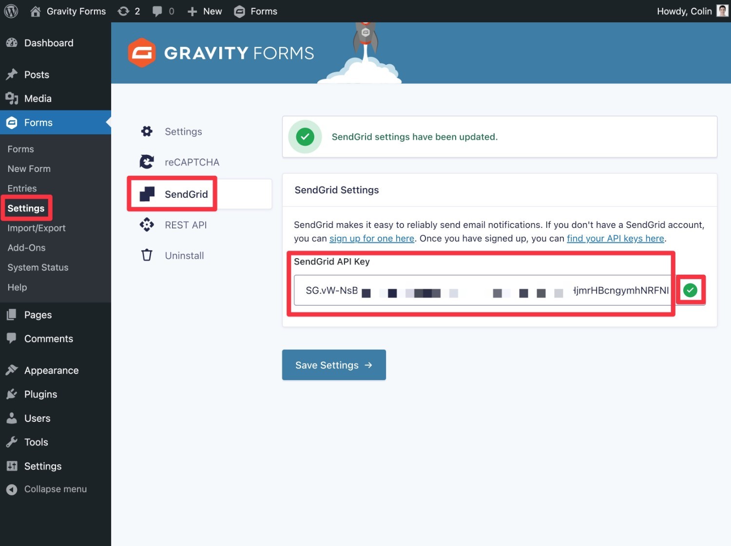 Add SendGrid API key to Gravity Forms