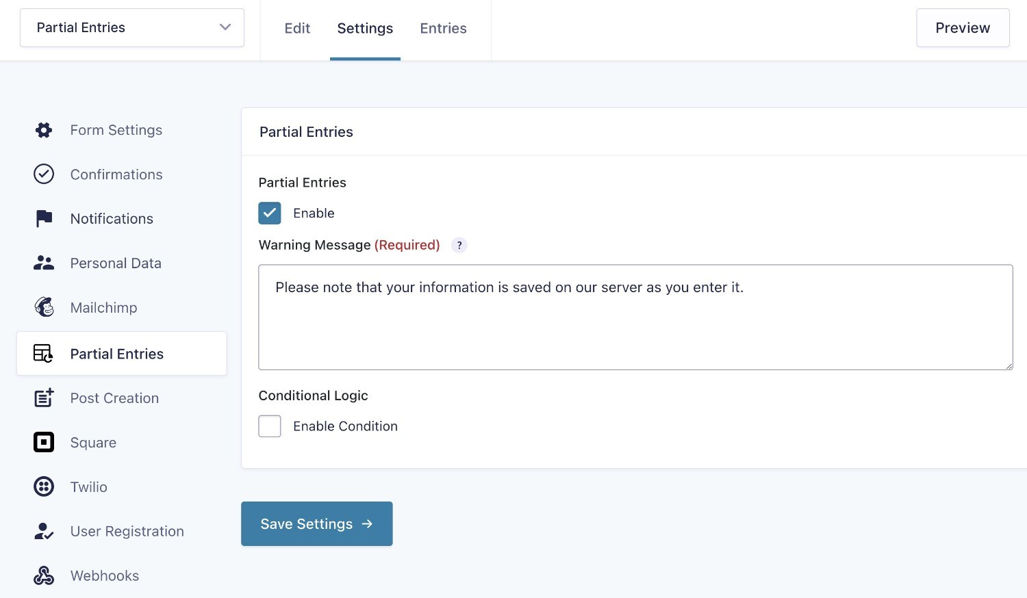 Gravity Forms partial entries settings