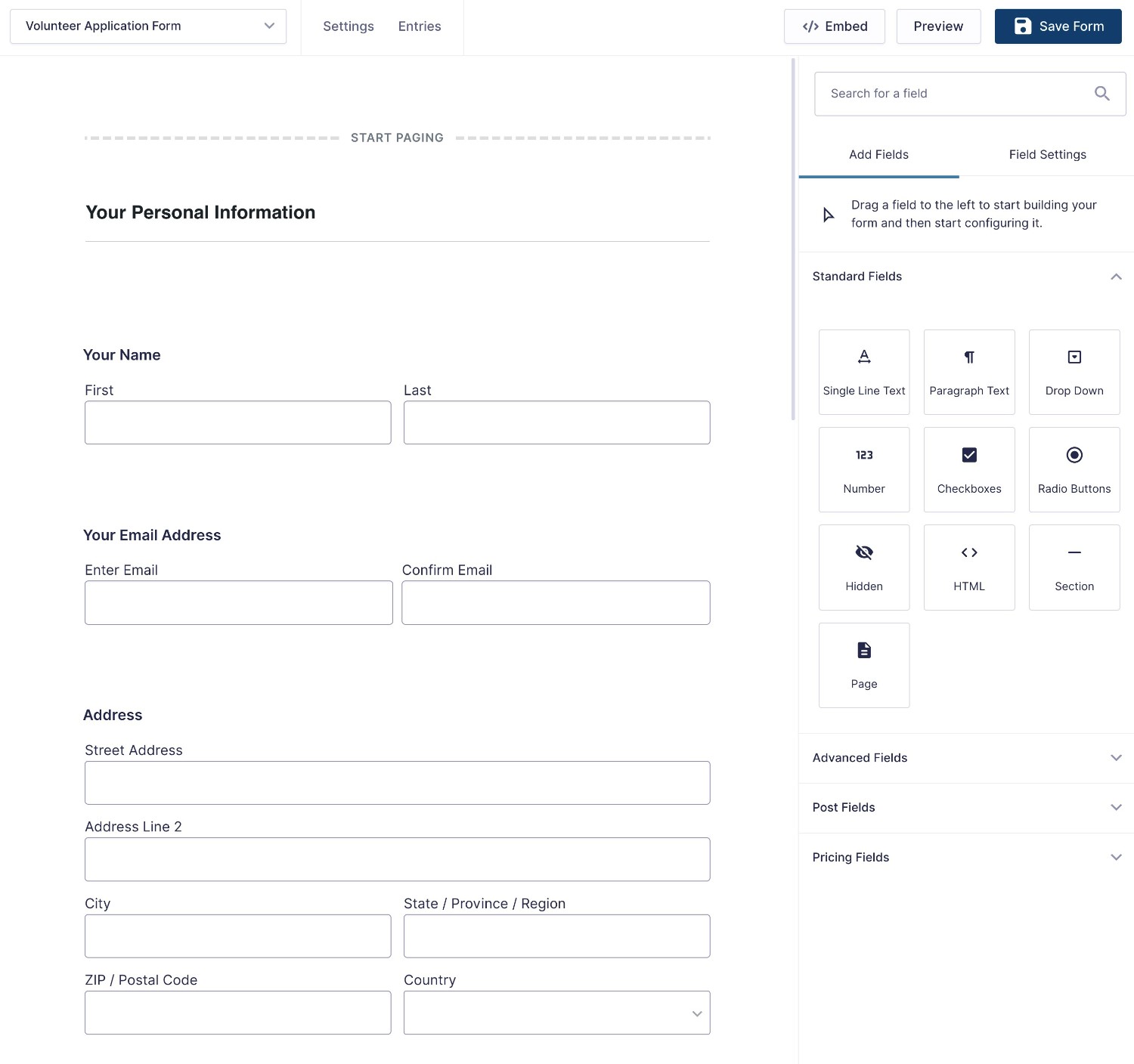 Customize the form fields on your WordPress volunteer application form