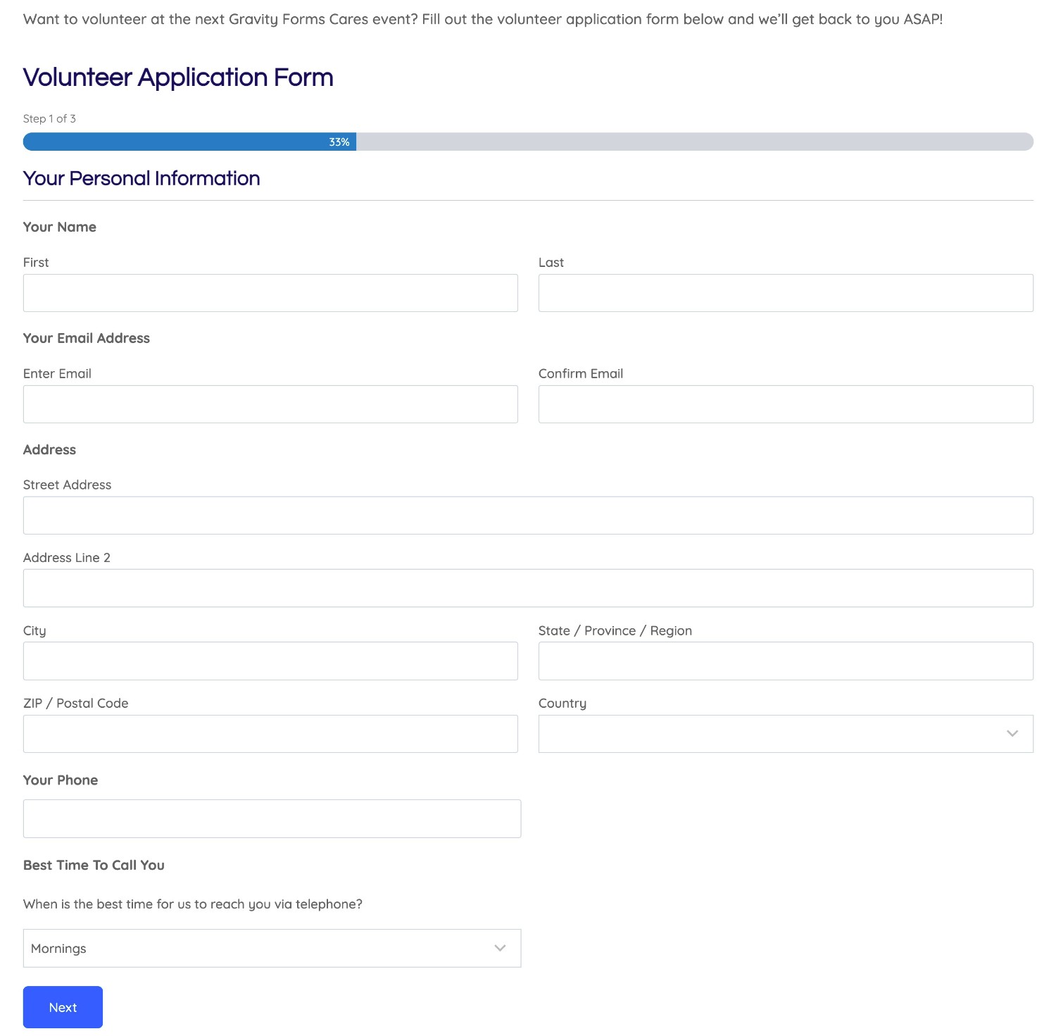 An example of a WordPress volunteer application form