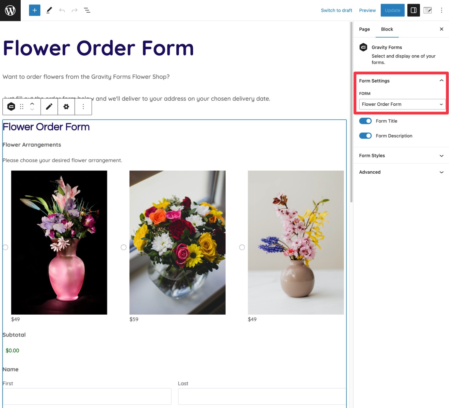 Embed your flower order form