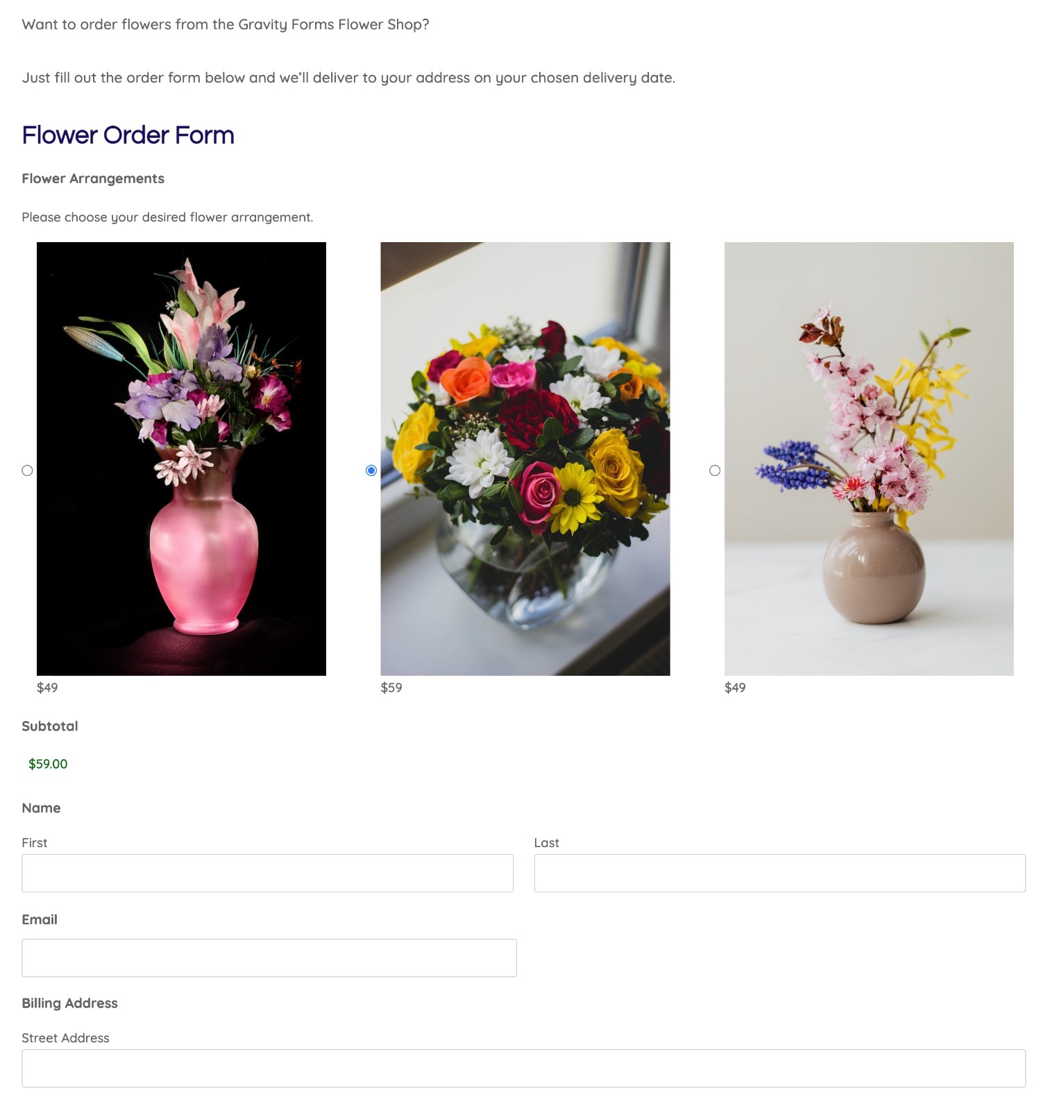 WordPress flower order form example