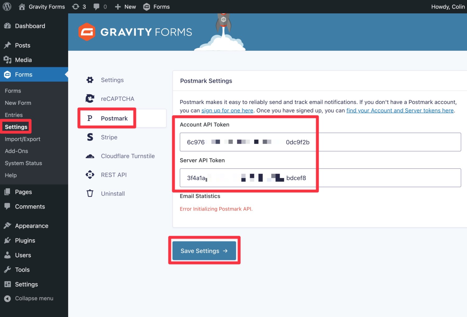 Add Postmark API keys to Gravity Forms