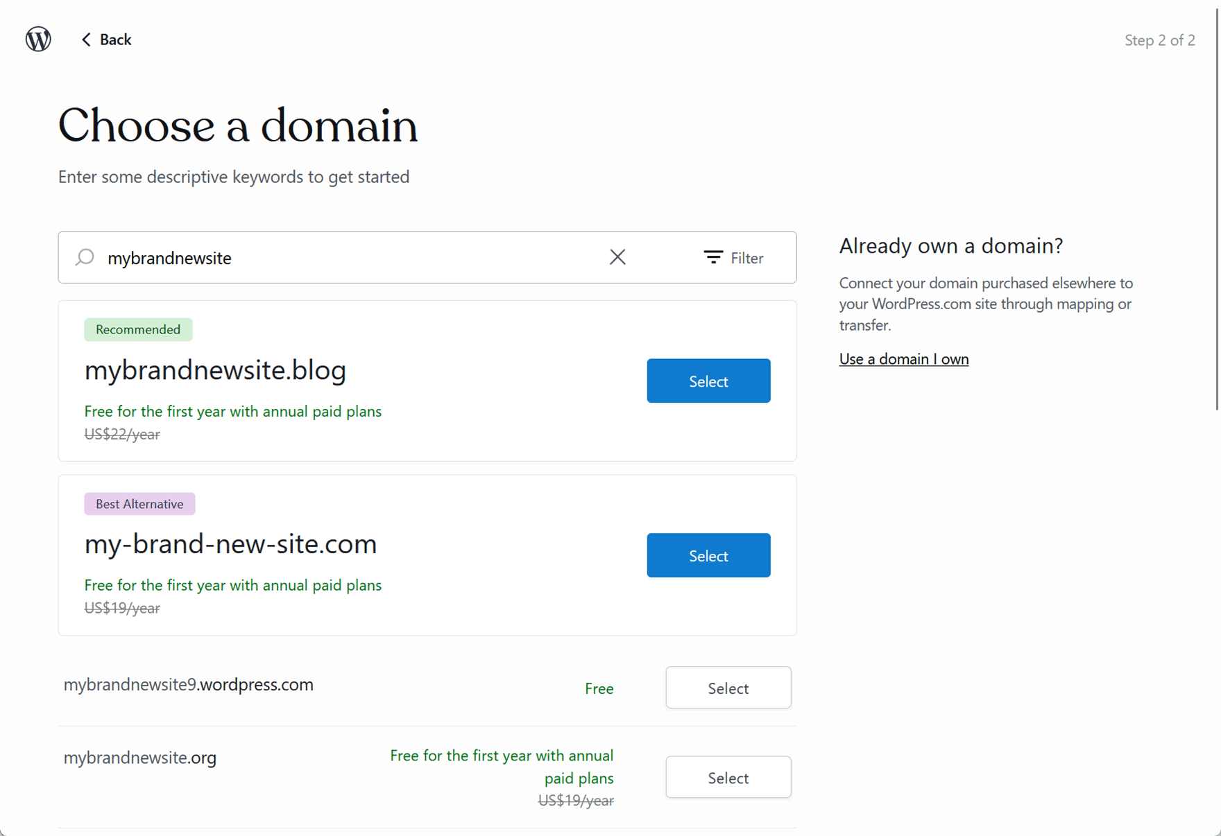 WordPress.com Choose a Domain