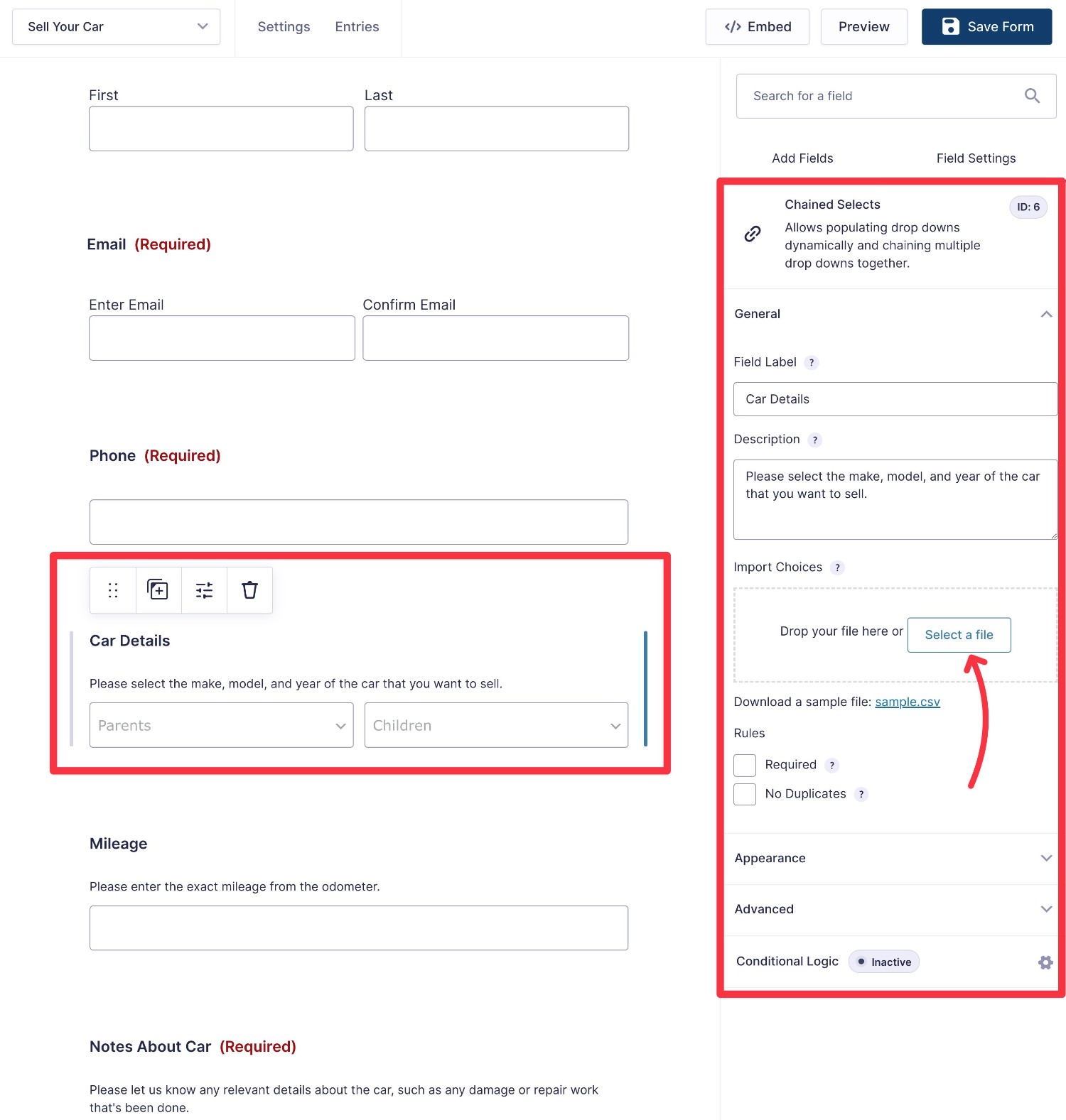 Upload CSV file