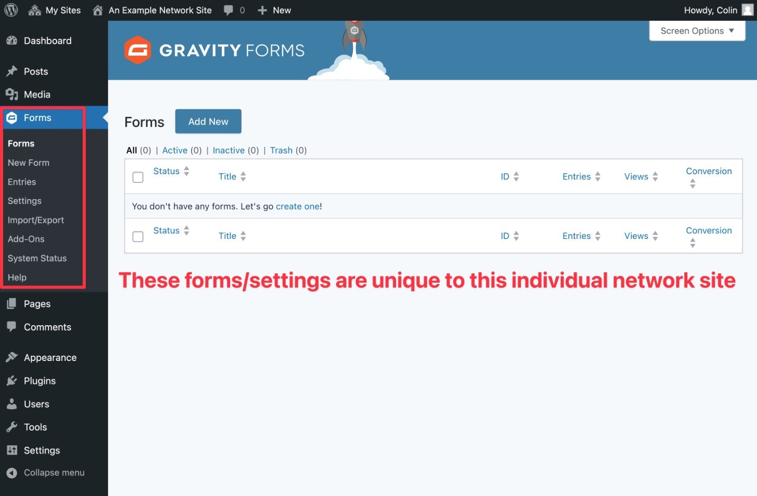 Gravity Forms WordPress multisite dashboard