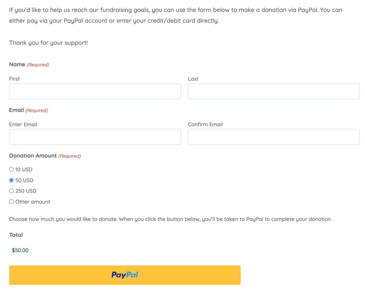 An example of a WordPress digital fundraising form built with Gravity Forms