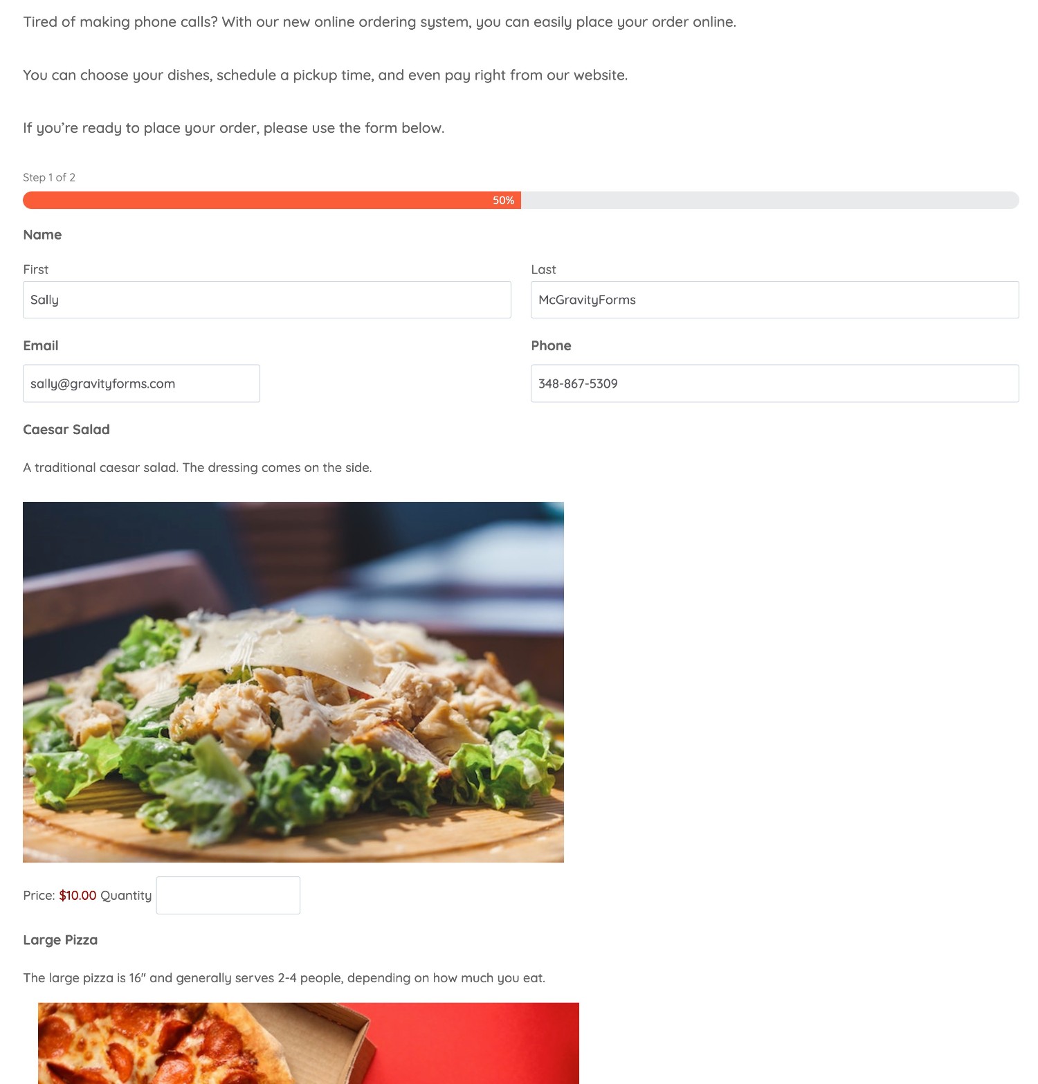 Gravity Forms restaurant order form example
