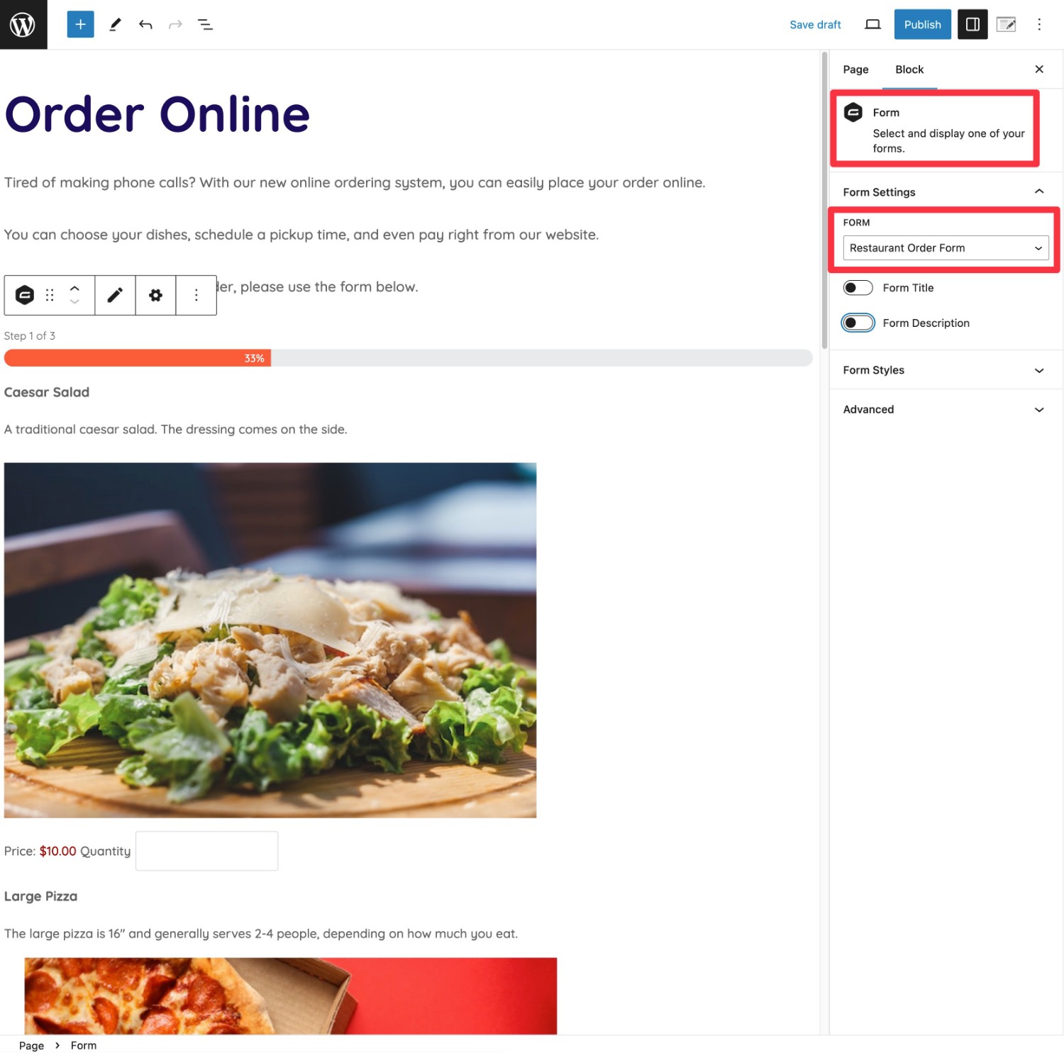 Embed your WordPress restaurant order form