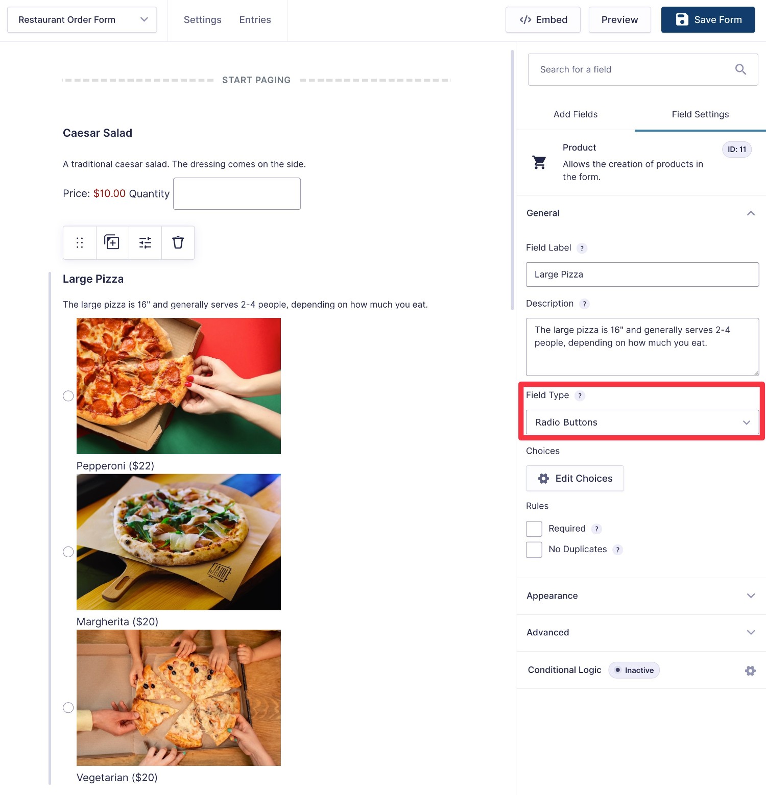 Adding menu items to your restaurant order form
