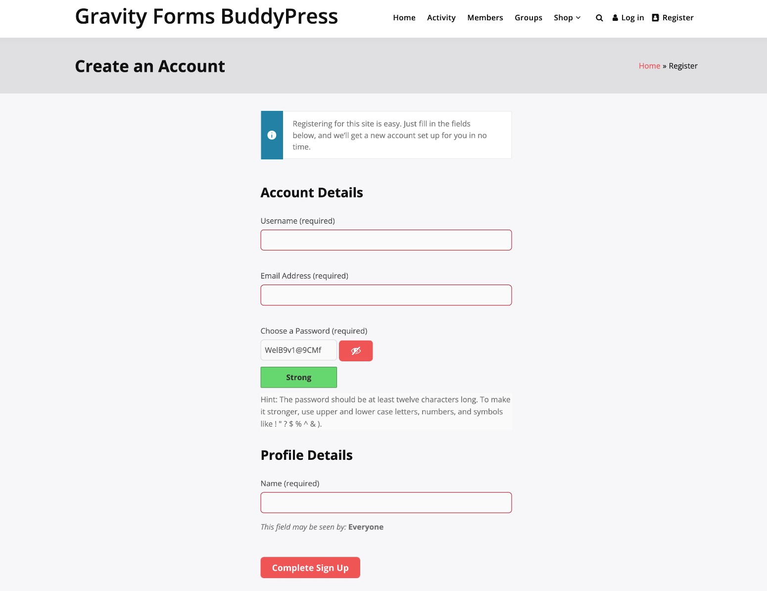 The default BuddyPress registration form before following our Gravity Forms BuddyPress tutorial