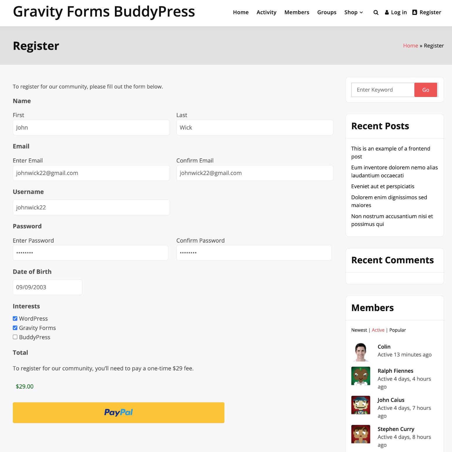 Custom BuddyPress registration form built with Gravity Forms