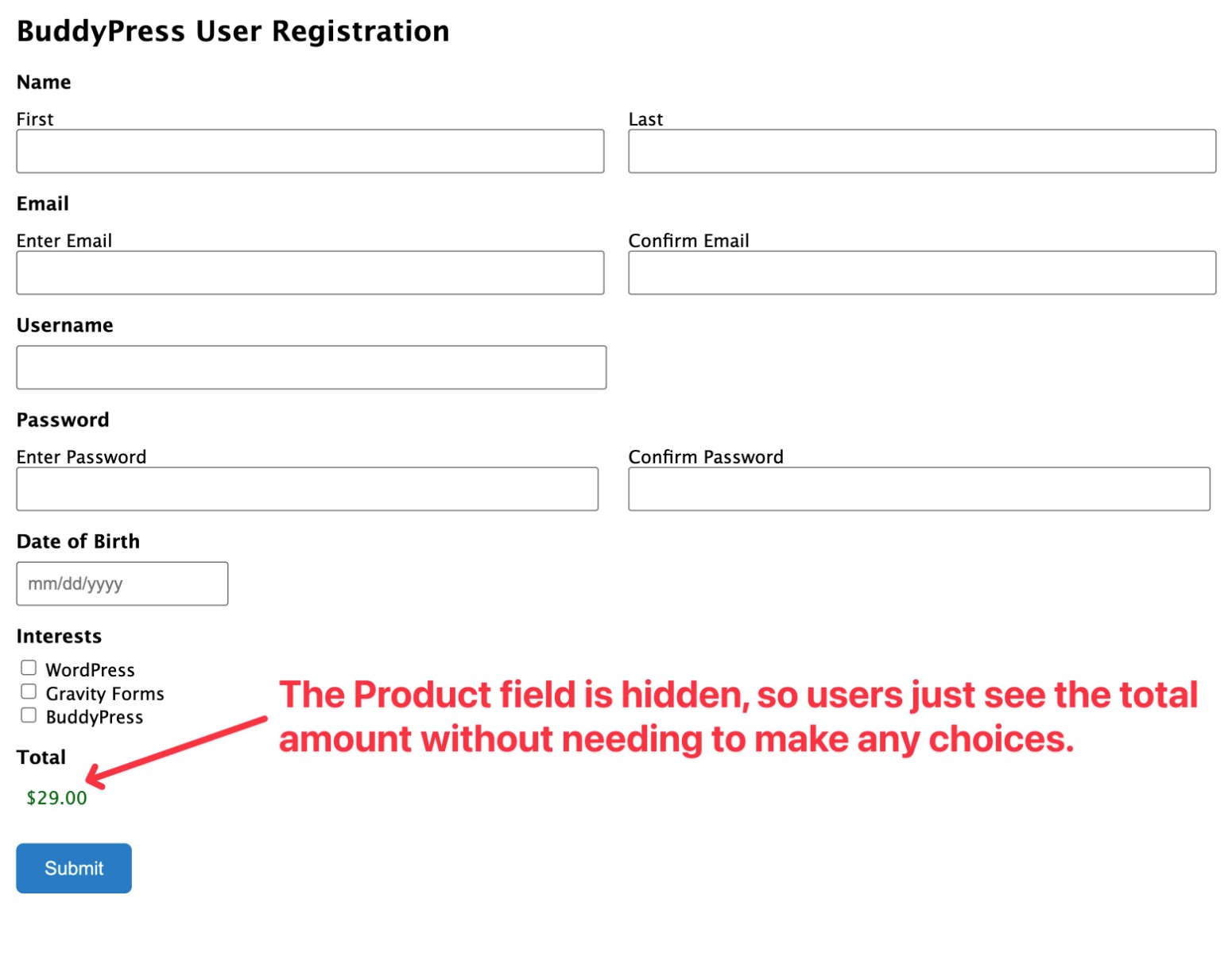 Hidden product field example on BuddyPress registration form